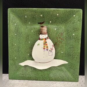 Oneida Snowmates Square Serving Plate, Ceramic, Snowman, Green 10"